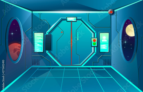 Hallway in spaceship with porthole and camera . Futuristic interior room with door. Background for games and mobile applications. Vector cartoon background