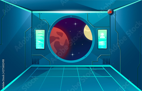 Porthole on hallway in spaceship. Moon and mars planet in viewport. Futuristic interior room. Background for games and mobile applications. Vector cartoon background