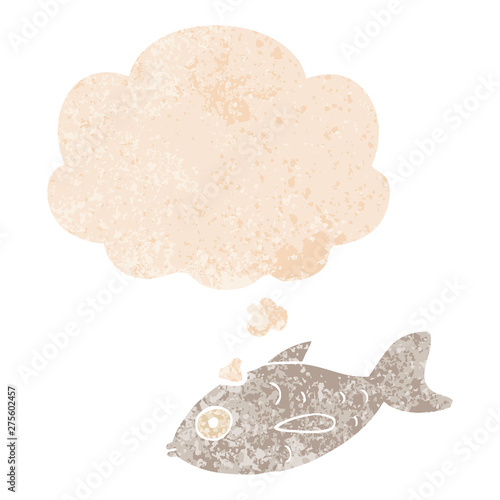 cartoon fish and thought bubble in retro textured style