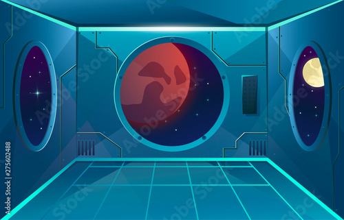 Hallway with big porthole in spaceship. Moon and mars planet in viewport. Futuristic interior room. Background for games and mobile applications. Vector cartoon background