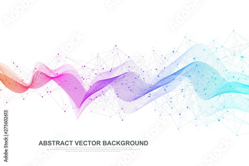 Abstract plexus background with connected lines and dots. Wave flow. Plexus geometric effect Big data with compounds. Lines plexus, minimal array. Digital data visualization. Vector illustration