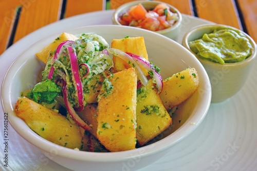 Bowl of yucca fries with parsley and garlic sauce and side dishes of guacamole and salsa