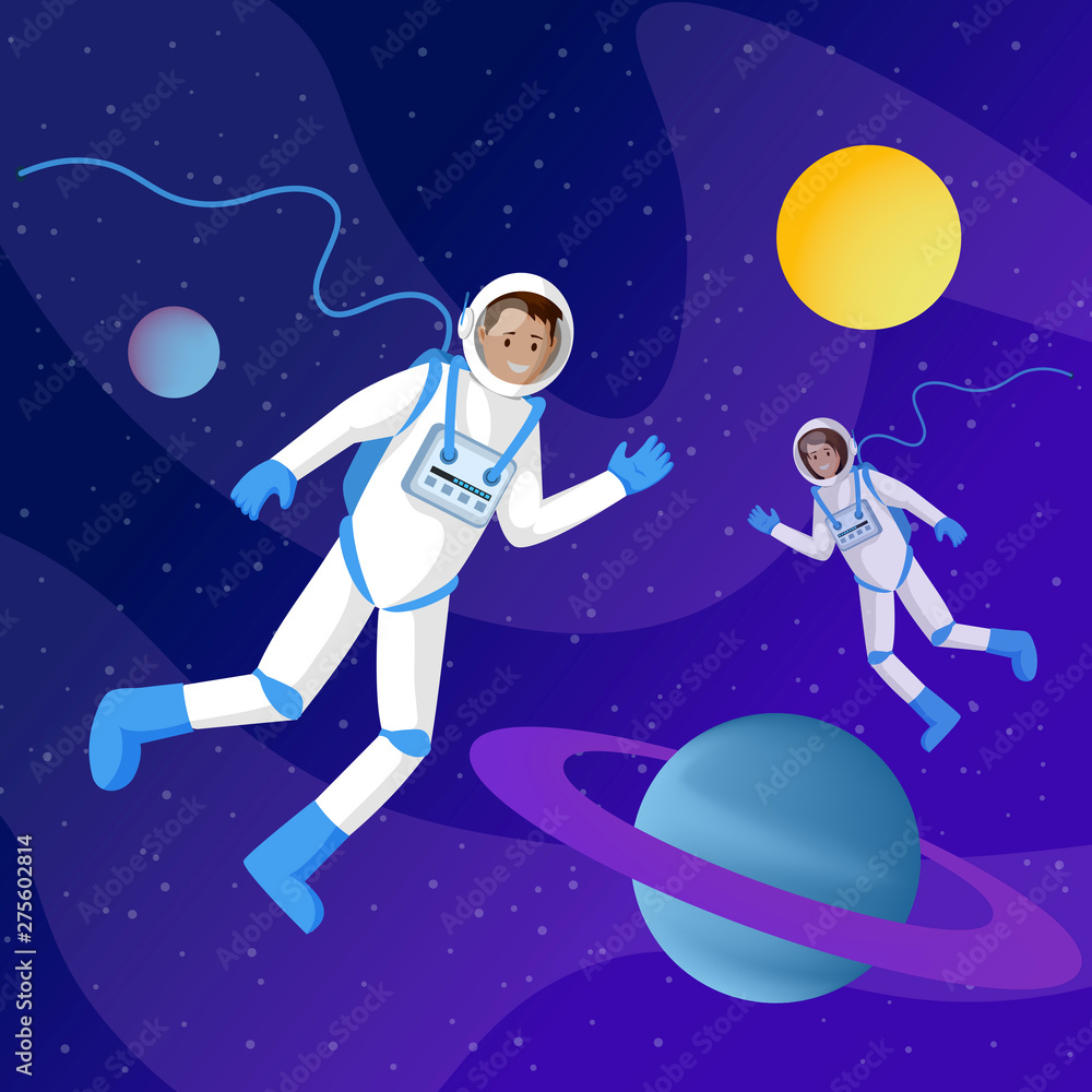 Fototapeta premium Astronauts in outer space flat illustration. Two cosmonauts in spacesuits floating in cosmos zero gravity cartoon vector characters. Interstellar travel, adventure, space exploration