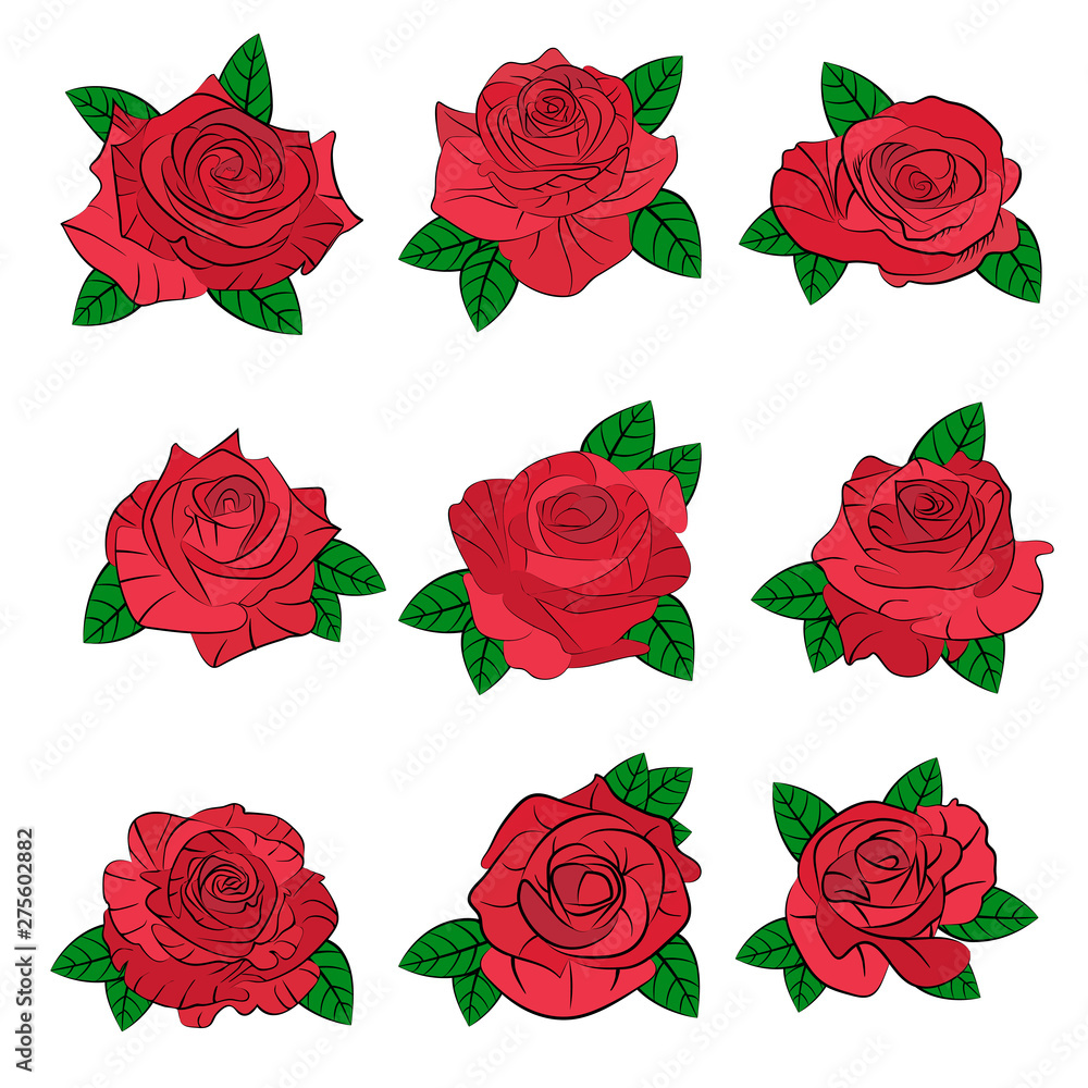 Flowers roses, red buds and green leaves. Set collection. Isolated on white background. Vector illustration. Flowers roses, red buds and green leaves. Set collection. Isolated on white background. Vector illustration.