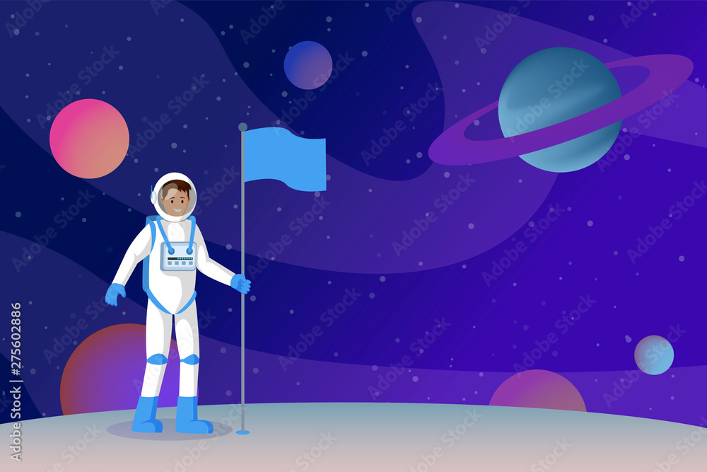 Naklejka premium Cosmonaut setting flag flat vector illustration. Smiling astronauts in outer space, spaceman standing on alien planet surface cartoon character. Moon landing, interstellar traveling