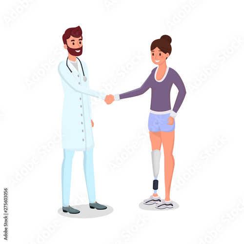 Medical prosthetics flat vector illustration. Smiling young doctor and happy patient with prosthesis characters. Woman with artificial limb and physician shaking hands, modern medicine