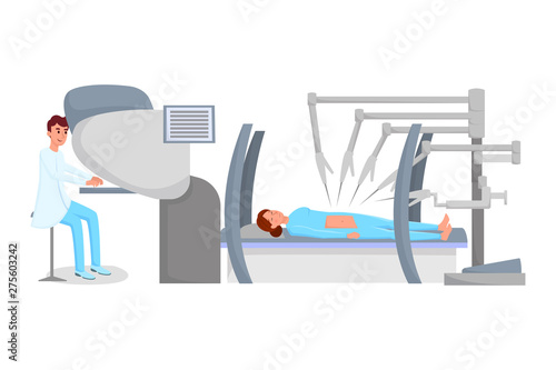 Robot assisted surgery flat vector illustration. Surgeon and patient under anesthesia characters. Young doctor performing remote surgical procedure with high tech equipment, modern medicine