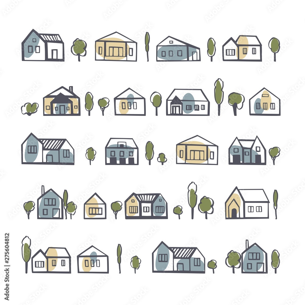 Hand drawn cute  houses.  Vector sketch  illustration.