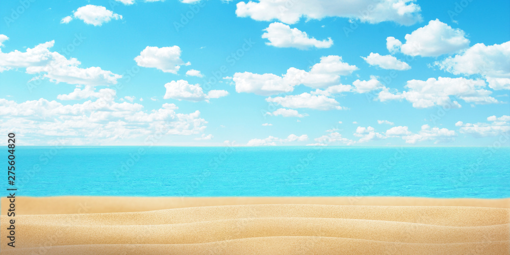 Empty beach sand, sea and clue sky with clouds. Copy space fot promo text or logo.