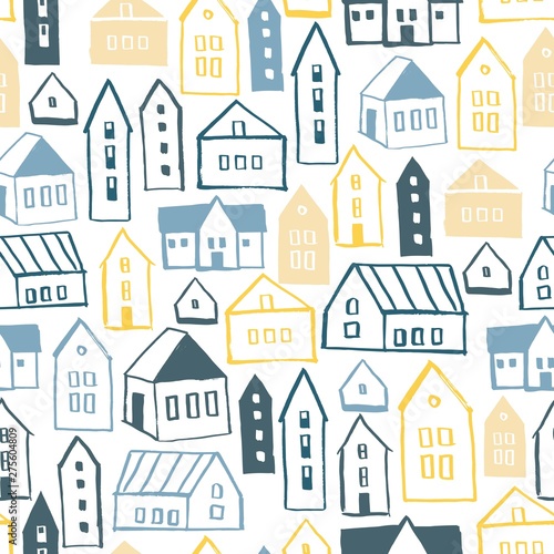 Hand drawn cute  houses.  Vector  seamless pattern.