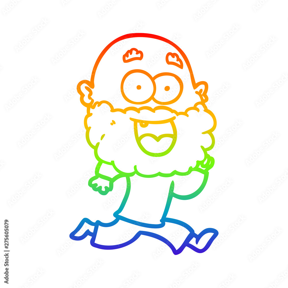 rainbow gradient line drawing cartoon crazy happy man with beard running