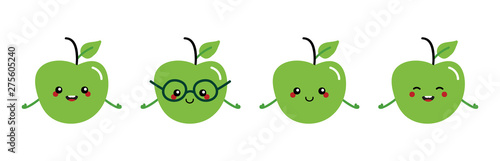 Set, collection of cute and happy cartoon style green apple characters for healthy food, vegan and cooking design.