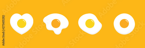 Set, collection of vector cartoon style fried eggs in different shapes for breakfast, food and menu design.