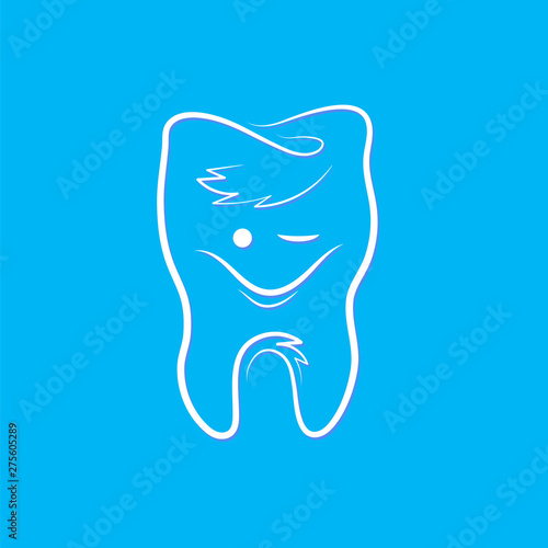 Healthy Human Tooth Logo on Blue Background. Dental Care Concept for Dentistry Clinic or Dentist Medical Center