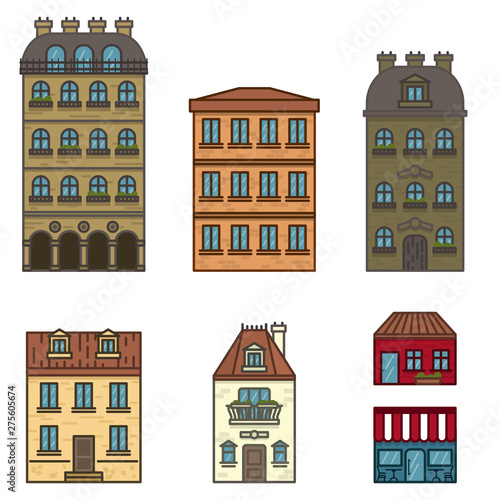 Paris flat line houses set in different colors Isolated Vector illustration of flat buildings.