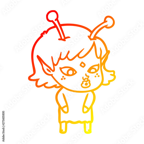 warm gradient line drawing pretty cartoon alien girl