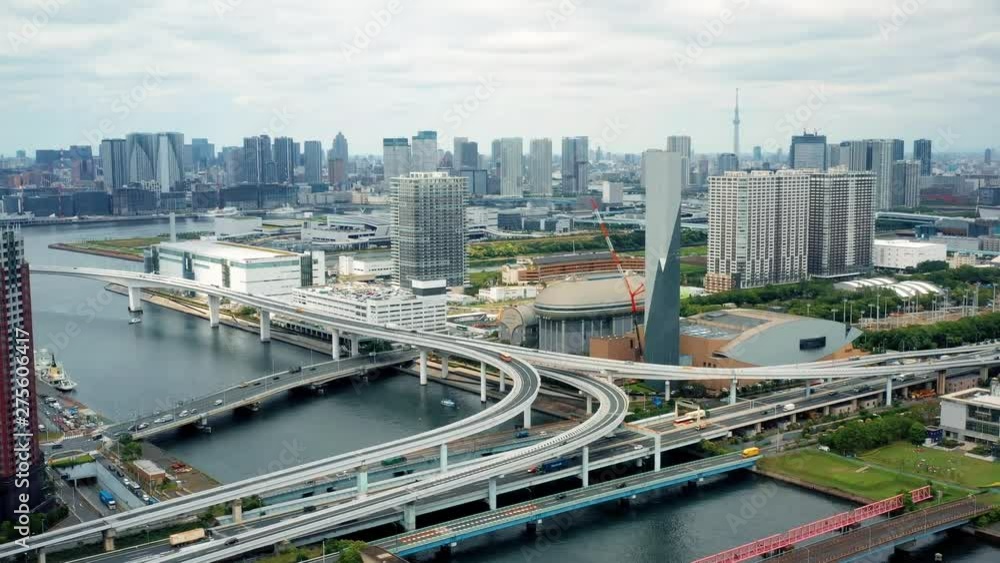 interchanger with building and bridge in Tokyo Bay in aerial view interchanger with building and bridge in Tokyo Bay in aerial view