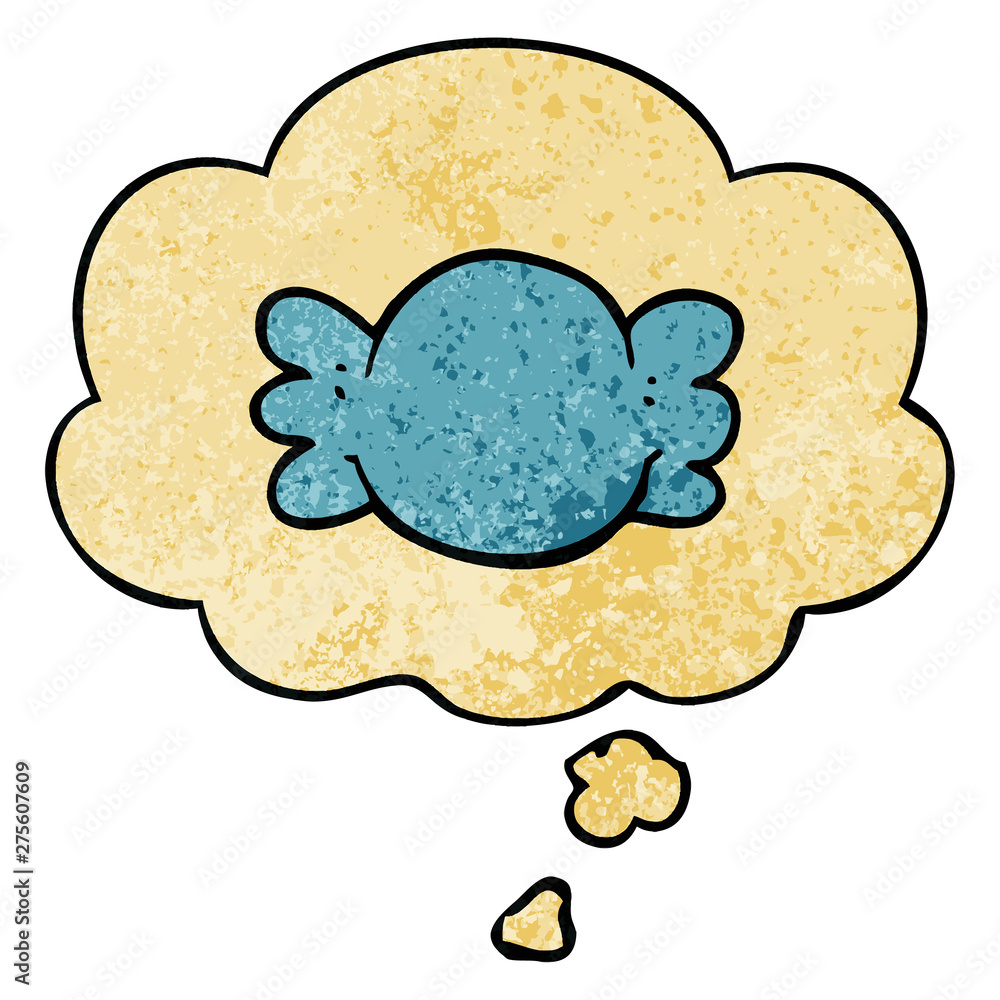 cartoon wrapped candy and thought bubble in grunge texture pattern style