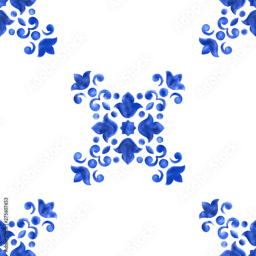 Watercolor delft blue seamless pattern