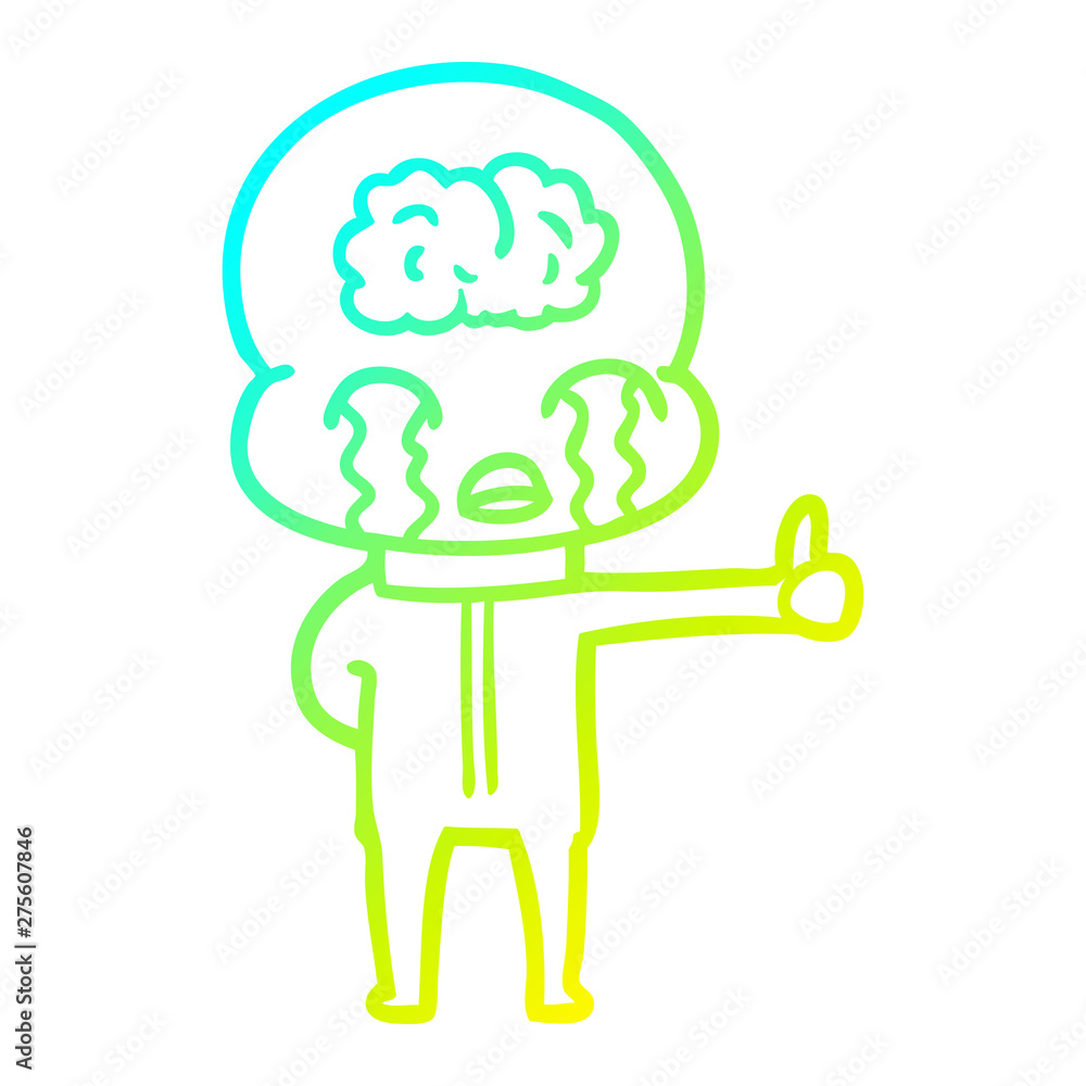 cold gradient line drawing cartoon big brain alien crying but giving thumbs up symbol cold gradient line drawing cartoon big brain alien crying but giving thumbs up symbol
