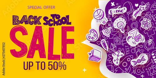 Back to School Sale banner with line art symbols of education, science objects on paper art cut out icons. Vector hand drawn doodle illustration. Hand lettering and ink drawings
