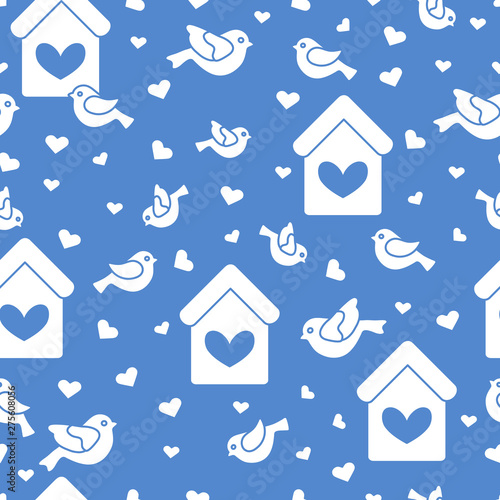 Seamless pattern with birds, birdhouses and hearts
