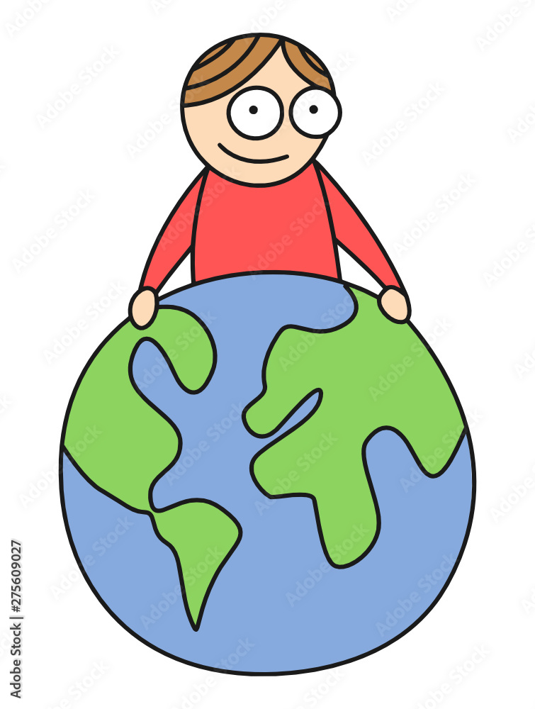 Vector simple flat style illustration of cute smiling kid holding the planet earth isolated on white background Vector simple flat style illustration of cute smiling kid holding the planet earth isolated on white background