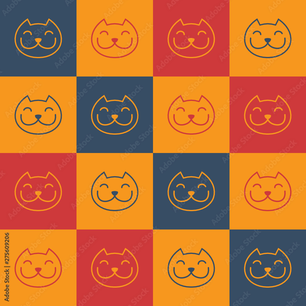 Vector background of cartoon logo style smiling cat head - seamless pattern made with red blue and yellow squares Vector background of cartoon logo style smiling cat head - seamless pattern made with red blue and yellow squares