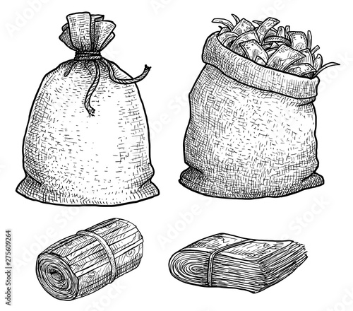 Money in bag illustration, drawing, engraving, ink, line art, vector