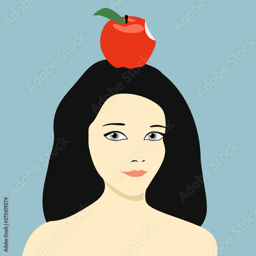 Vector portrait illustration of biblical Eve with a red apple with a bite taken out of it placed on her head