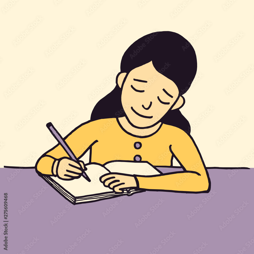 Vector cartoon style illustration of a young girl writing at the desk Vector cartoon style illustration of a young girl writing at the desk