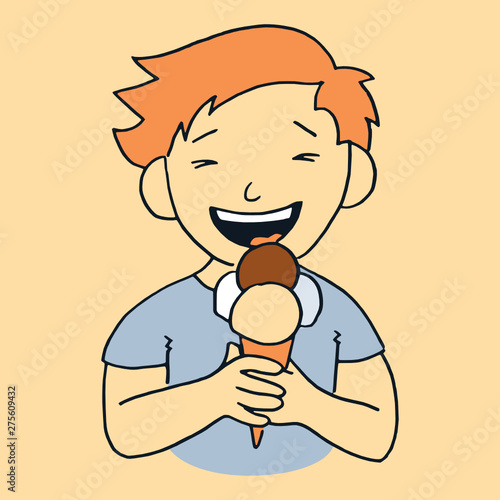 Vector cartoon style illustration of little smiling kid eating a big ice cream