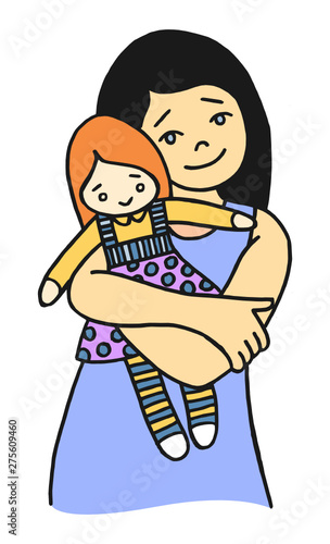Vector childish cartoon illustration of a young girl playing with her favorite doll