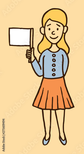 Vector cartoon style illustration of a happy smiling girl holding a white flag (empty banner) for your design