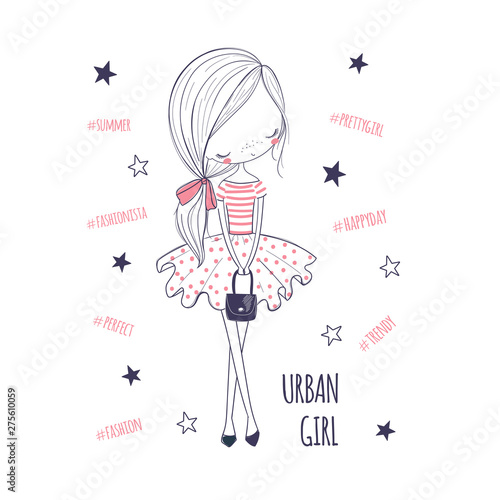Urban girl. Childish doodle graphic for kids clothing