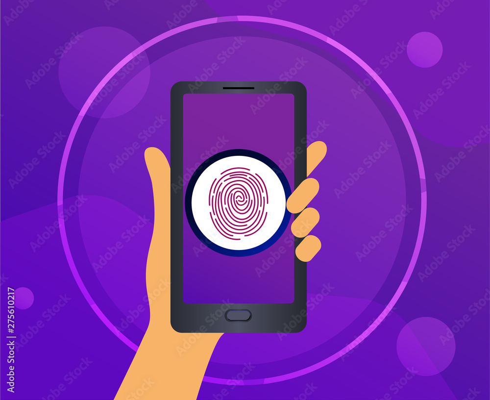 A human hand is holding a smartphone on a modern purple background. There s a fingerprint button on the screen. yber security and data security. Vector illustration. A human hand is holding a smartphone on a modern purple background. There s a fingerprint button on the screen. yber security and data security. Vector illustration.