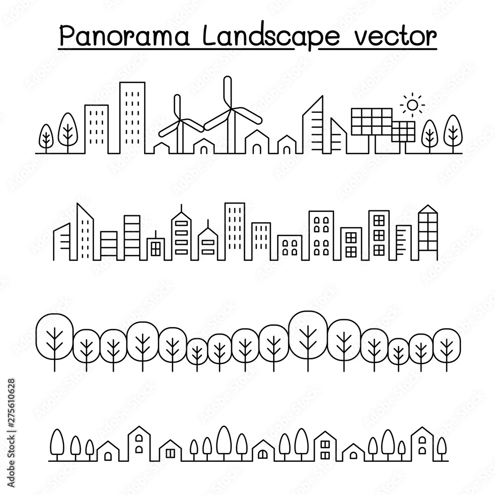 Thin line style city panorama. urban landscape vector illustration graphic design