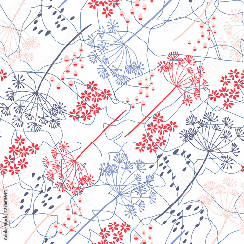Vector organic floral seamless abstract background, botanical motif, freehand doodles pattern. Hand drawn fennel or dill flowers and abstract leaves outlines in pastel colors.