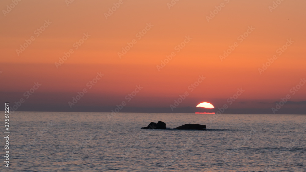 Sun setting on ocean with small islands in silhouette Sun setting on ocean with small islands in silhouette