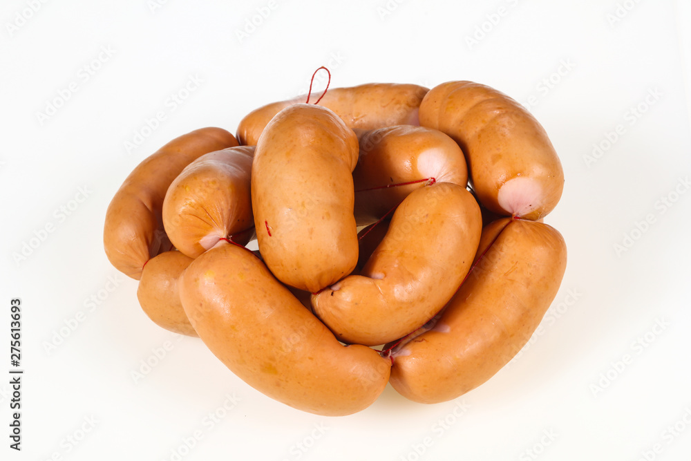 Tasty meat sausages over white background Tasty meat sausages over white background