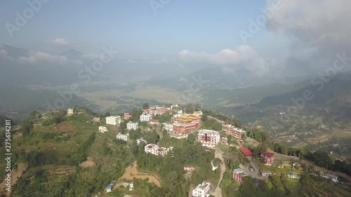 Ancient buddhist monastery in Himalayas Nepal from air