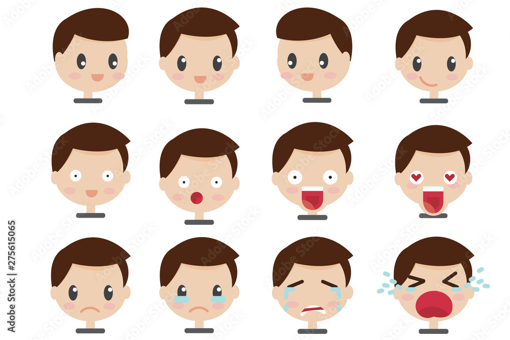 Set of Face expressions of a brown haired man in ifferent male emotions cute cartoon character Set of Face expressions of a brown haired man in ifferent male emotions cute cartoon character