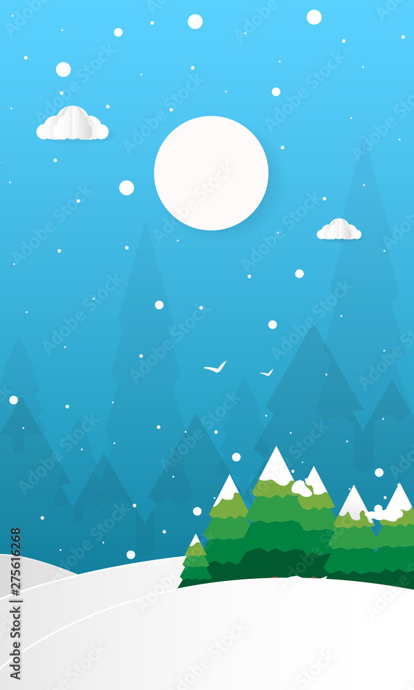 Hello Winter with Hills Mountains With Trees Clouds and Moon Vector Flat Illustration, Merry Christmas and Happy New Year Background paper cut