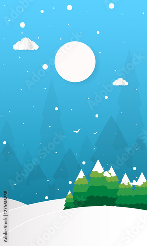 Hello Winter with Hills Mountains With Trees Clouds and Moon Vector Flat Illustration  Merry Christmas and Happy New Year Background paper cut