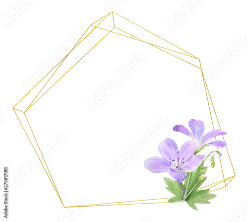 Geometric frame of lilac watercolor geranium flowers isolated on white background. Perfect for logo, design, cosmetics design, package, textile