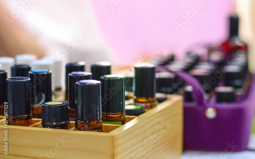 Perfume, aroma oils in wooden box