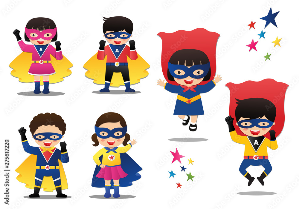 Cartoon vector illustration of Superhero kids boys and girls wearing colorful costumes on white background Cartoon vector illustration of Superhero kids boys and girls wearing colorful costumes on white background