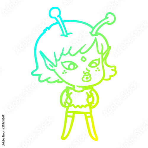 cold gradient line drawing pretty cartoon alien girl