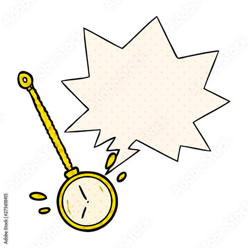 cartoon swinging gold hypnotist watch and speech bubble in comic book style