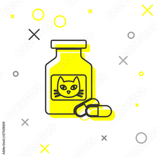 Grey Cat medicine bottle and pills line icon isolated on white background. Container with pills. Prescription medicine for animal. Vector Illustration